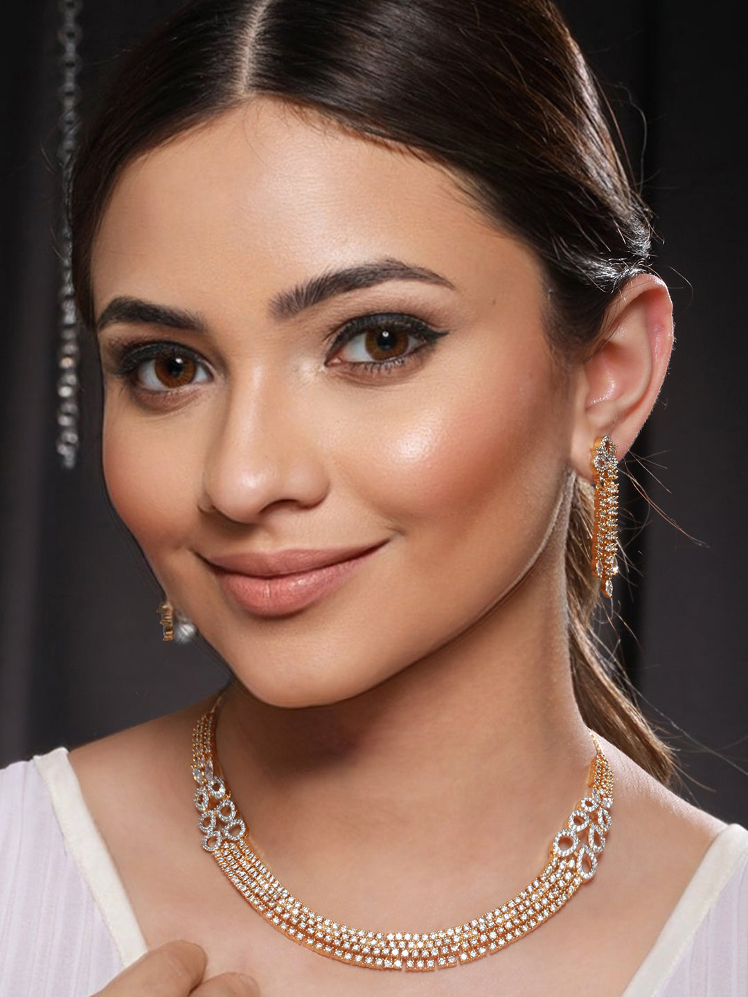 Gold Polished White CZ Studded  contemporary Jewellery set